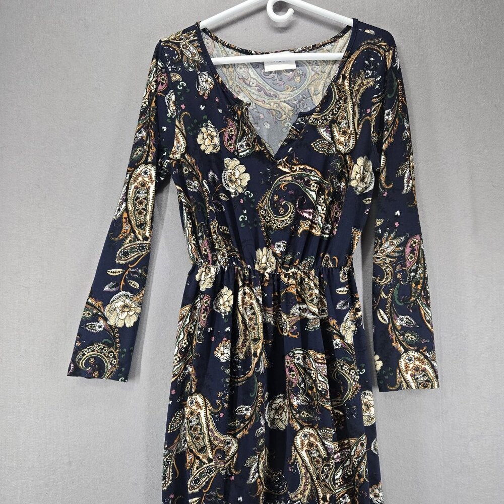 French Grey Dress, Navy, Paisley Print, Elastic Waist, XL, Stretch